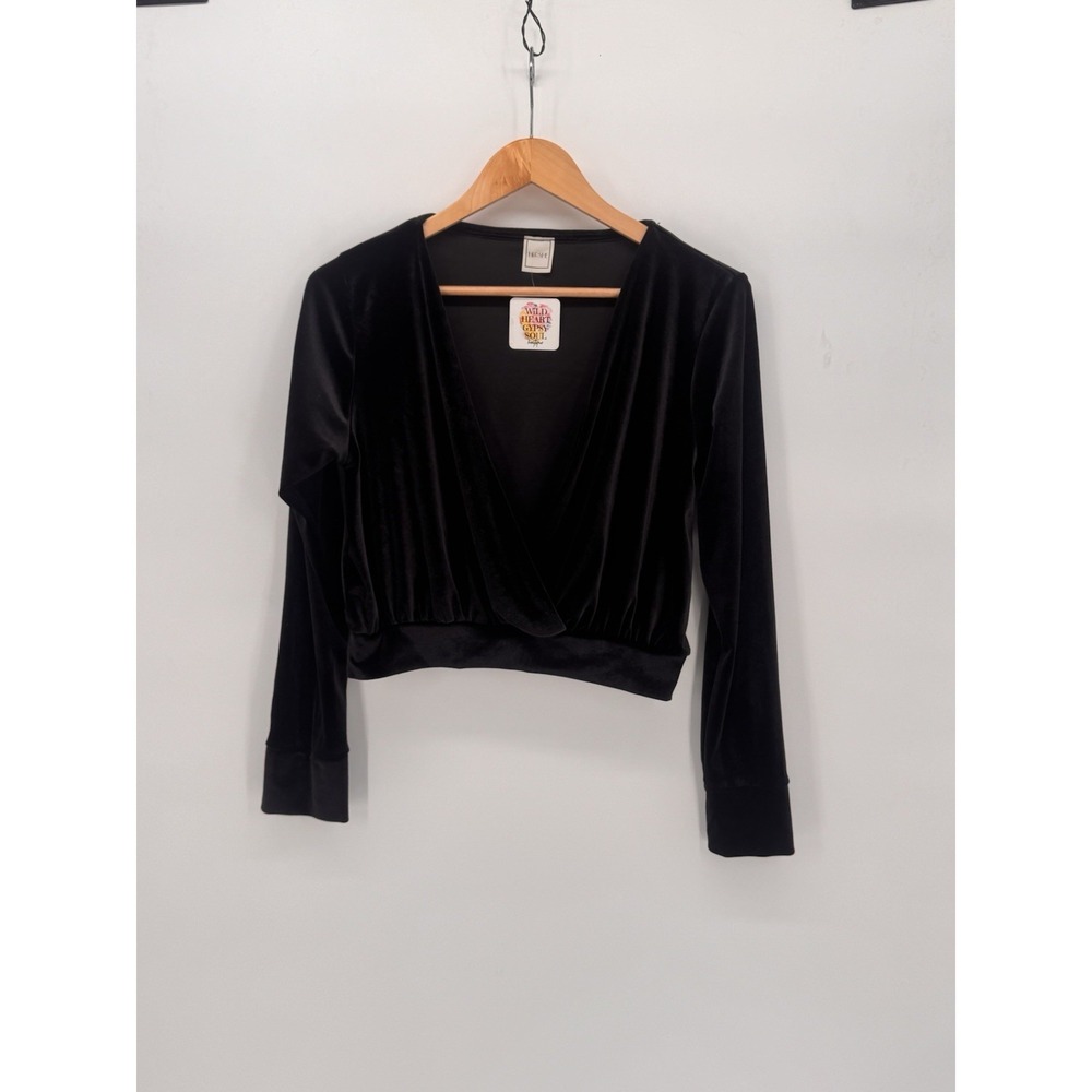 New Hershe Black Velvet Crop Top Deep V Tunic Long Sleeve Whitchy Gothic Core XS